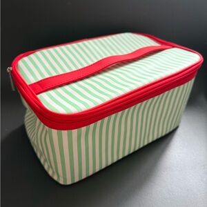 Clinique Green and White Striped makeup bag with Red Accents